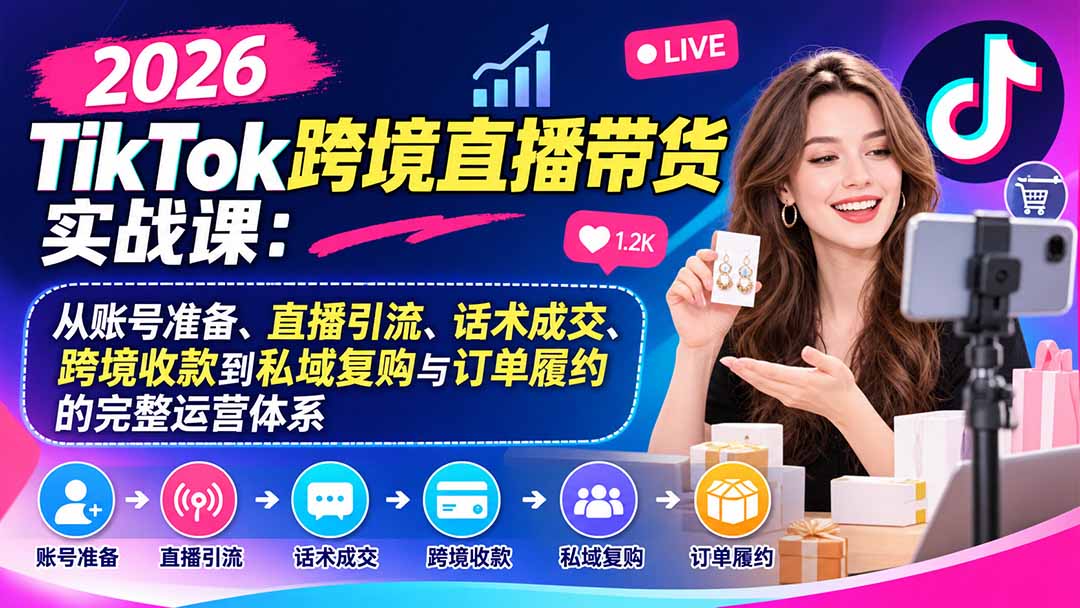 2026TikTok跨境直播带货实战课:从账号准备、直播引流、话术成交、跨境收款到私域复购与订单履约的完整运营体系-巅峰研习社
