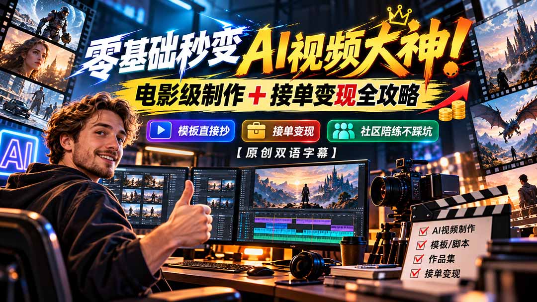零基础秒变AI视频大神!电影级制作 + 接单变现全攻略,模板直接抄,社区陪练不踩坑【原创双语字幕】-巅峰研习社