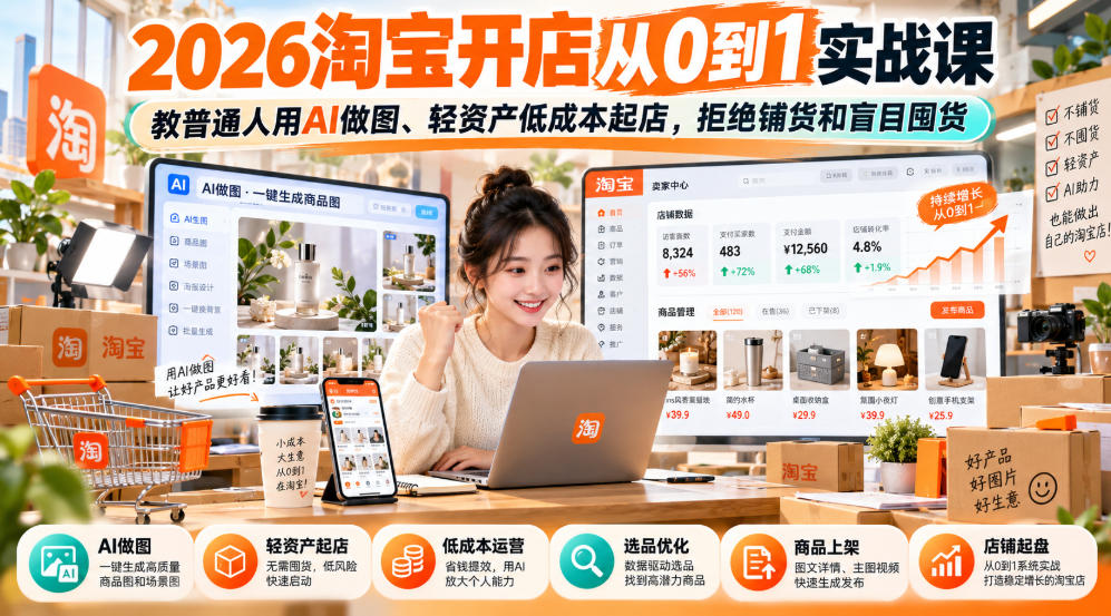 2026淘宝开店从0到1实战课，教普通人用AI做图、轻资产低成本起店，拒绝铺货和盲目囤货-巅峰研习社