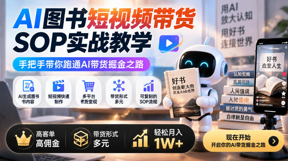 AI图书短视频带货SOP实战教学,手把手带你跑通AI带货掘金之路,高客单高佣金,带货形式多元,轻松月入1W+-巅峰研习社