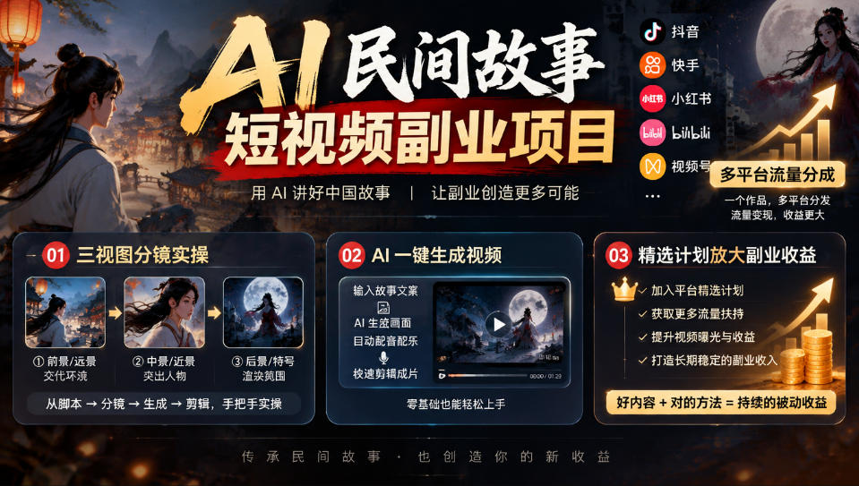 AI民间故事短视频副业项目,多平台流量分成,三视图分镜实操,精选计划放大副业收益-巅峰研习社
