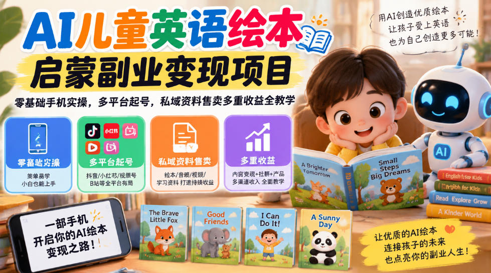 AI儿童英语绘本启蒙副业变现项目,零基础手机实操,多平台起号,私域资料售卖多重收益全教学-巅峰研习社