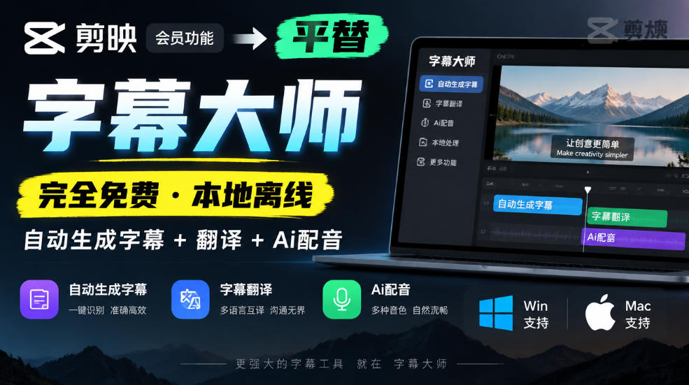 剪映会员功能平替,字幕大师完全免费本地离线,支持自动生成字幕+翻译+Ai配音,Win和Mac都支持!-巅峰研习社