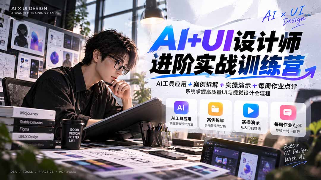 【无水印】AI+UI设计师进阶训练营-第4期：AI工具应用+案例拆解+实操演示+作业点评，掌握高质量UI与视觉设计全流程-巅峰研习社