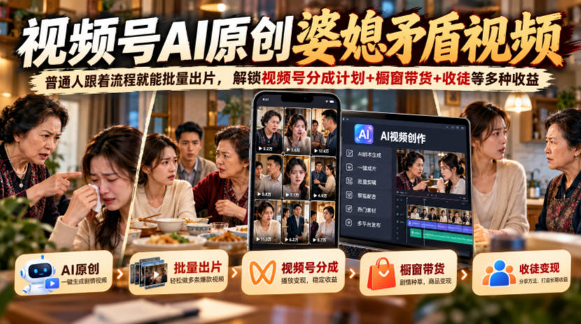 视频号ai原创婆媳矛盾视频,普通人跟着流程就能批量出片,解锁视频号分成计划+橱窗带货+收徒等多种收益-巅峰研习社