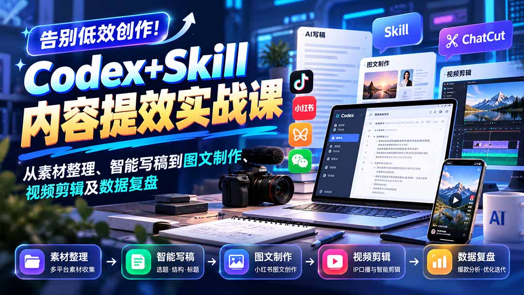 【无水印】告别低效创作！Codex+Skill内容提效实战课：从素材整理、智能写稿到图文制作、视频剪辑及数据复盘-巅峰研习社