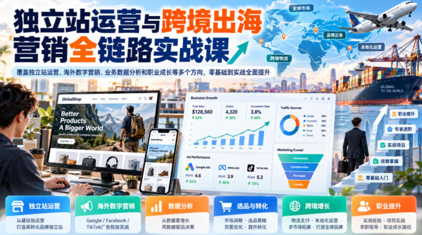 独立站运营与跨境出海营销全链路实战课，覆盖独立站运营、海外数字营销、业务数据分析和职业成长等多个方向，零基础到实战全面提升-巅峰研习社