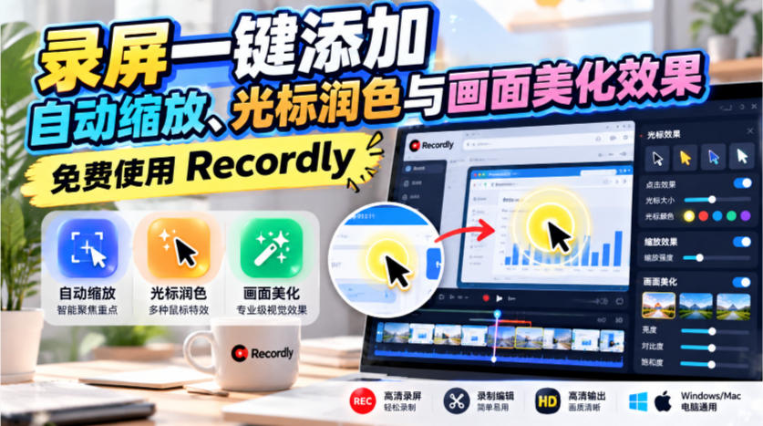 录屏一键添加自动缩放、光标润色与画面美化效果，免费使用Recordly-巅峰研习社