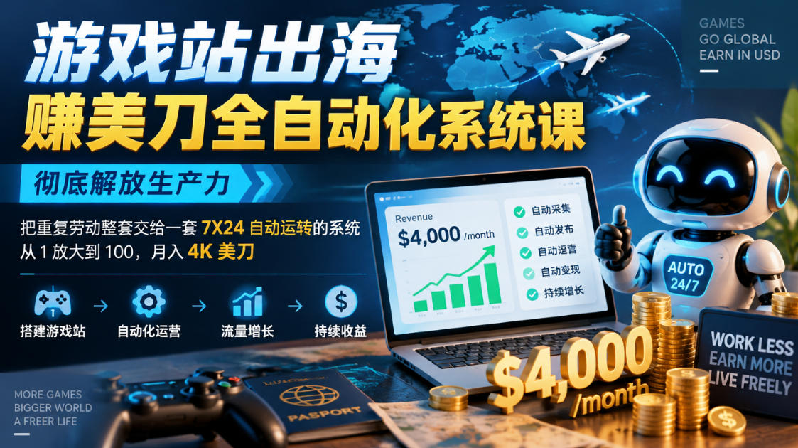 游戏站出海賺美刀全自动化系统课,彻底解放生产力--把重复劳动整套交给一套7X24自动运转的系统,从1放大到100,月入4K美刀