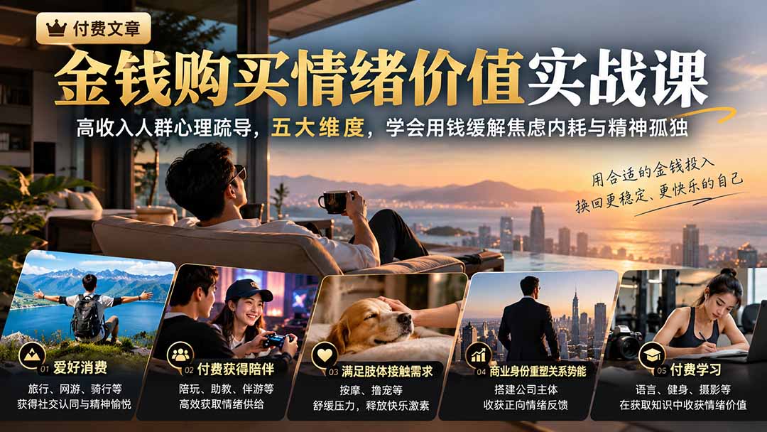 付费文章:金钱购买情绪价值实战课|高收入人群心理疏导,五大维度,学会用钱缓解焦虑内耗与精神孤独-巅峰研习社