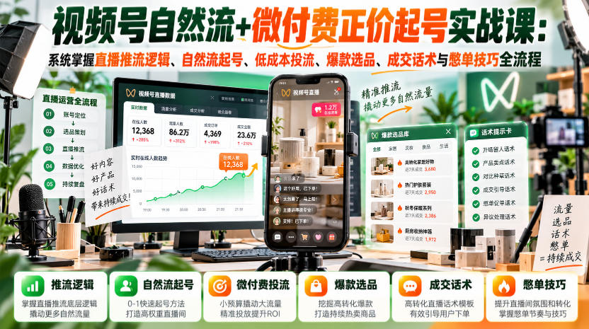 视频号自然流+微付费正价起号实战课：系统掌握直播推流逻辑、自然流起号、低成本投流、爆款选品、成交话术与憋单技巧全流程-巅峰研习社