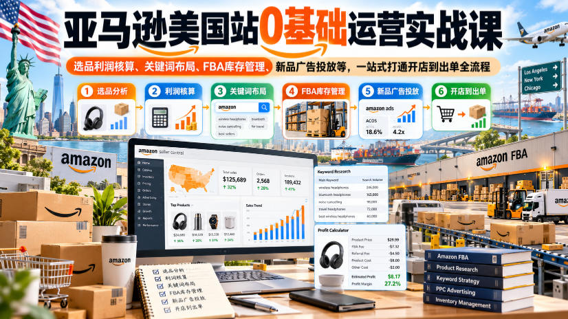 亚马逊美国站0基础运营实战课｜选品利润核算、关键词布局、FBA库存管理、新品广告投放等，一站式打通开店到出单全流程-巅峰研习社