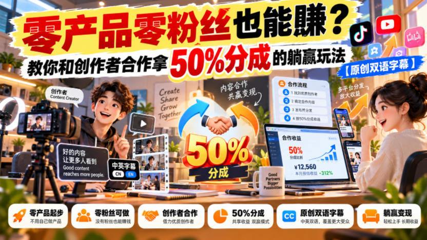 【无水印】零产品零粉丝也能賺？教你和创作者合作拿50%分成的躺赢玩法【原创双语字幕】-巅峰研习社