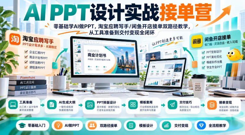 AI PPT设计实战接单营｜零基础学AI做PPT，淘宝应聘写手/闲鱼开店接单双路径教学，从工具准备到交付变现全闭环-巅峰研习社