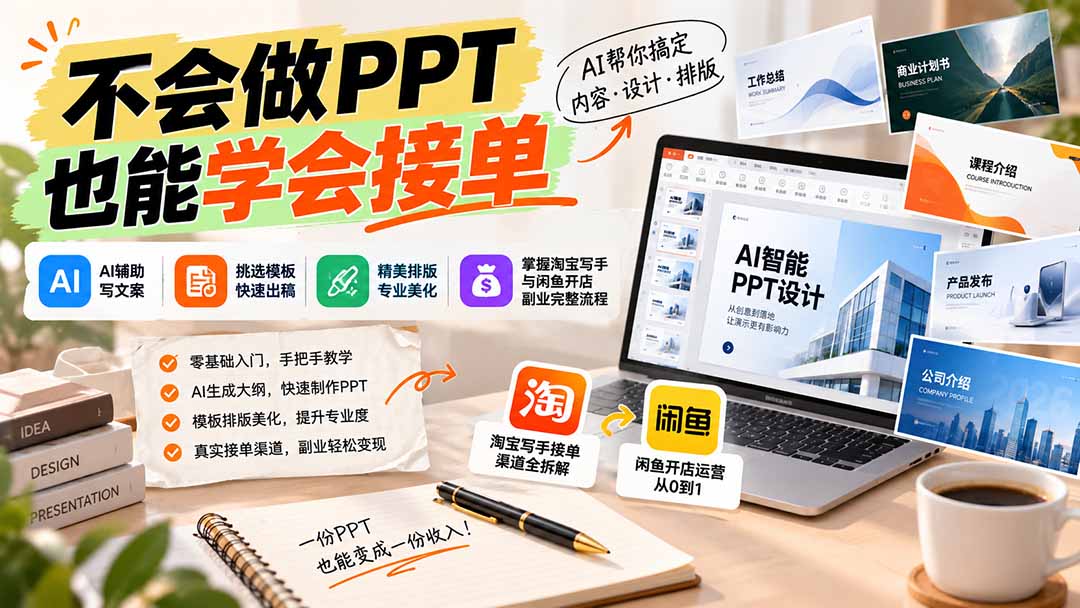 不会做PPT也能学会接单：AI辅助写文案、挑模板、做排版，掌握淘宝写手与闲鱼开店副业完整流程-巅峰研习社