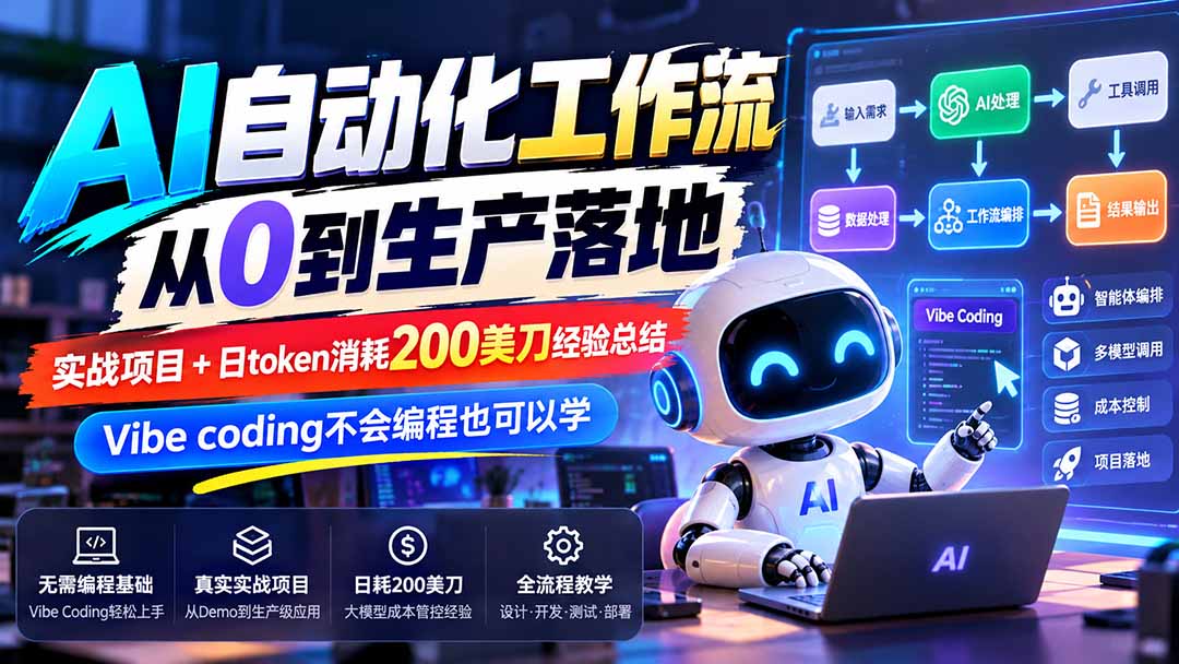 【无水印】AI自动化工作流从0到生产落地,实战项目+日token消耗200美刀经验总结,Vibe coding不会编程也可以学-巅峰研习社