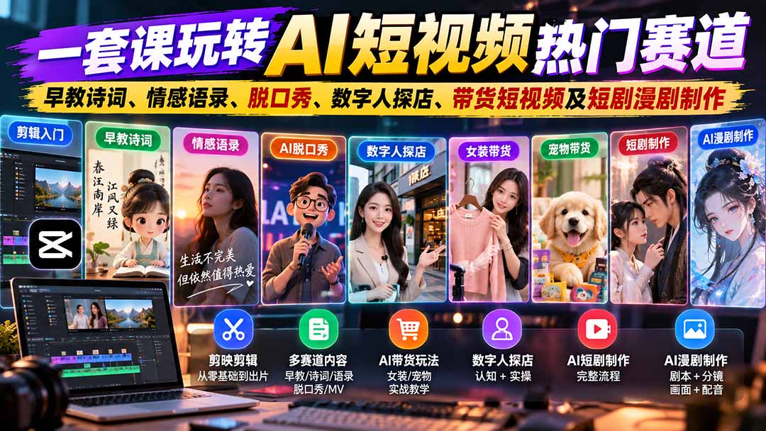 一套课玩转AI短视频热门赛道：早教诗词、情感语录、脱口秀、数字人探店、带货短视频及短剧漫剧制作  复制标题-巅峰研习社