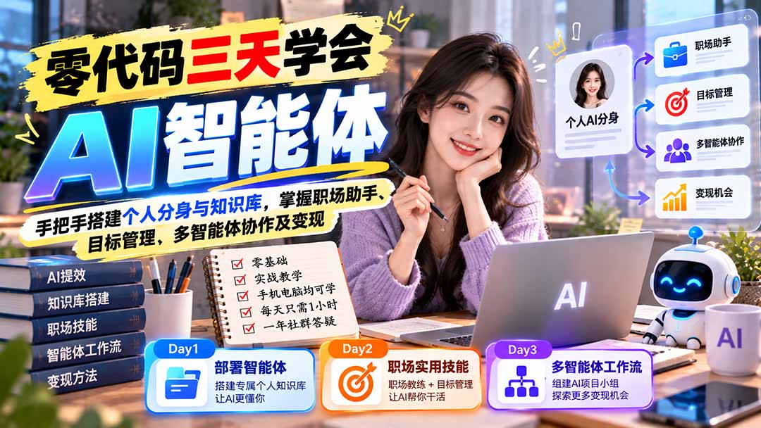 【无水印】零代码三天学会AI智能体:手把手搭建个人分身与知识库,掌握职场助手、目标管理、多智能体协作及变现-巅峰研习社