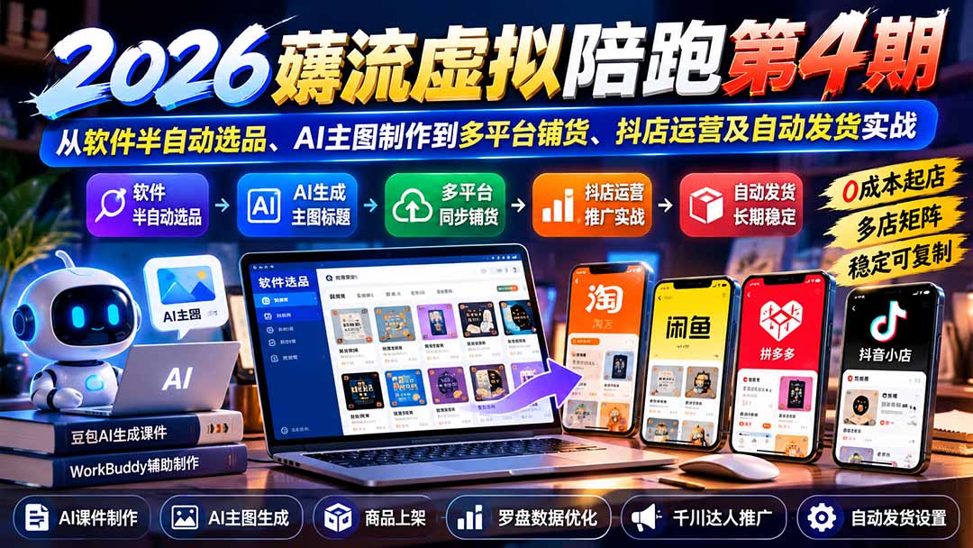 2026薅流虚拟陪跑第4期：从软件半自动选品、AI主图制作到多平台铺货、抖店运营及自动发货实战-巅峰研习社