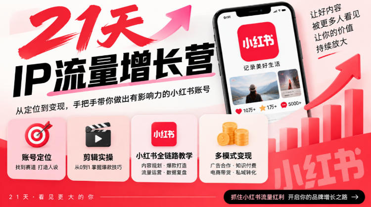 21天IP流量增长营，小红书全链路教学，账号定位剪辑实操，多模式变现系统课-巅峰研习社