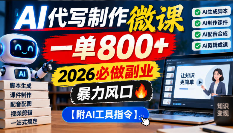 AI代写制作微课，一单800+，2026必做副业，暴力风口【附AI工具指令】【揭秘】-巅峰研习社