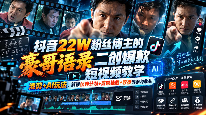 抖音22W粉丝博主的豪哥语录二创爆款短视频教学,混剪+AI玩法,解锁伙伴计划+剪映挂载+收徒等多种收益-巅峰研习社