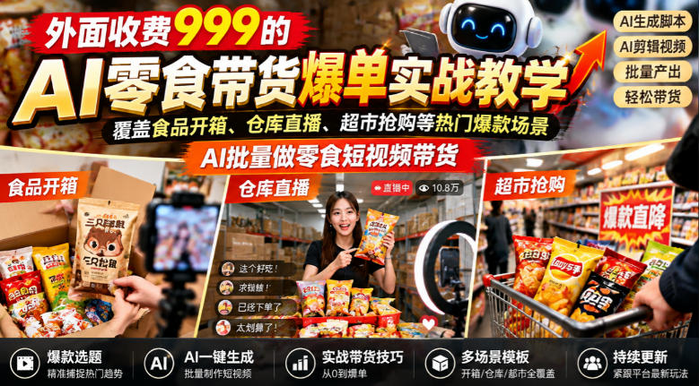 外面收费999的AI零食带货爆单实战教学，覆盖食品开箱、仓库直播、超市抢购等热门爆款场景，AI批量做零食短视频带货-巅峰研习社