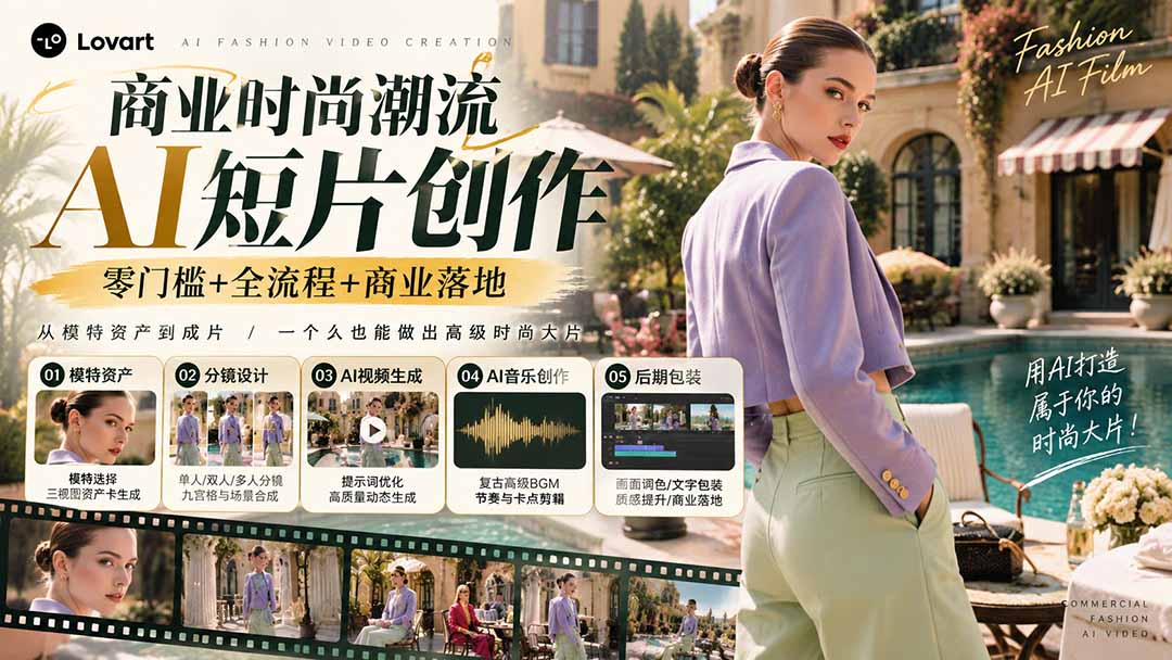 从一张模特图到高级时尚广告大片：AI三视图资产、场景合成、电影分镜、动态生成与复古音乐剪辑实战课-巅峰研习社
