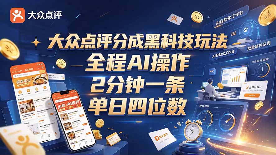 大众点评分成全网独家玩法,AI 全自动出内容,2 分钟一条,小白可冲单日四位数-巅峰研习社