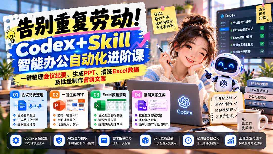 告别重复劳动！Codex+Skill智能办公自动化进阶课：一键整理会议纪要、生成PPT、清洗Excel数据及批量制作营销文案-巅峰研习社