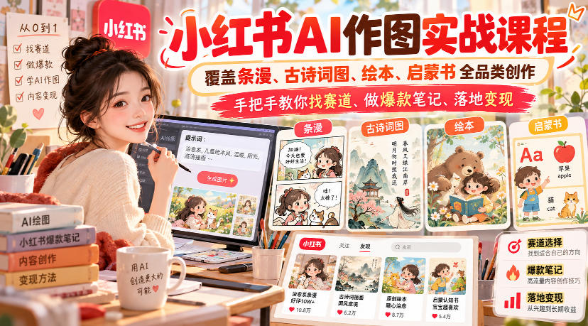 小红书AI作图实战课程，覆盖条漫、古诗词图、绘本、启蒙书全品类创作，手把手教你找赛道、做爆款笔记、落地变现(更新1017)-巅峰研习社