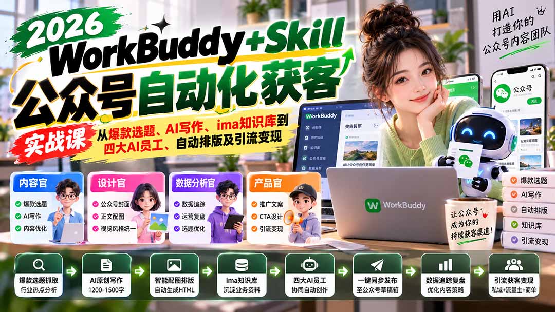 WorkBuddy + Skill公众号自动化获客实战课:从爆款选题、AI写作、ima知识库到四大AI员工、自动排版及引流变现-巅峰研习社