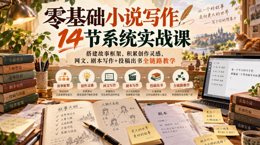 零基础小说写作14节系统实战课,搭建故事框架,积累创作灵感,网文、剧本写作+投稿出书全链路教学-巅峰研习社