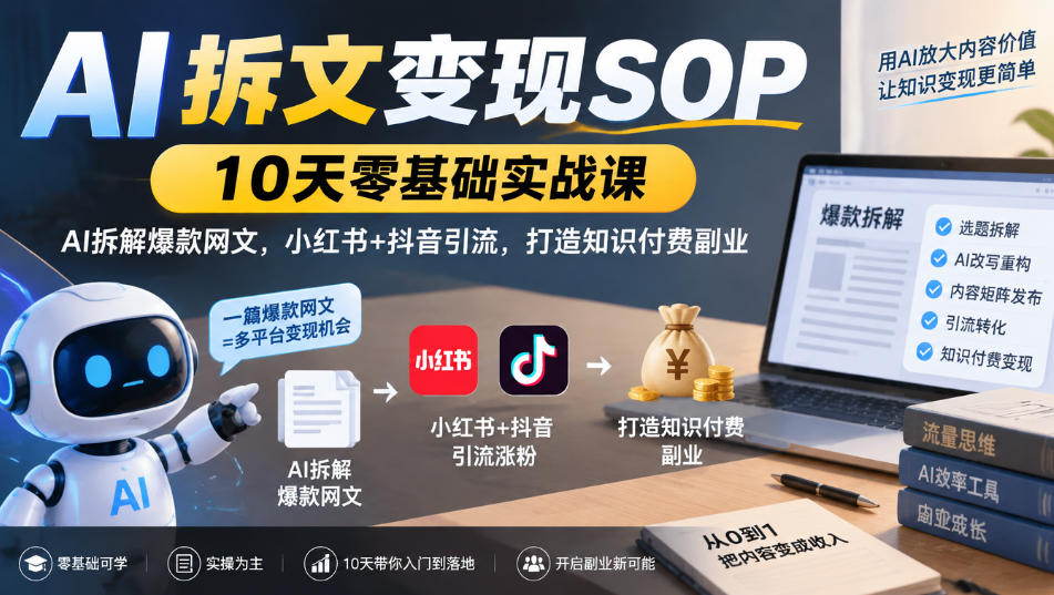 AI拆文变现SOP｜10天零基础实战课，AI拆解爆款网文，小红书+抖音引流，打造知识付费副业-巅峰研习社