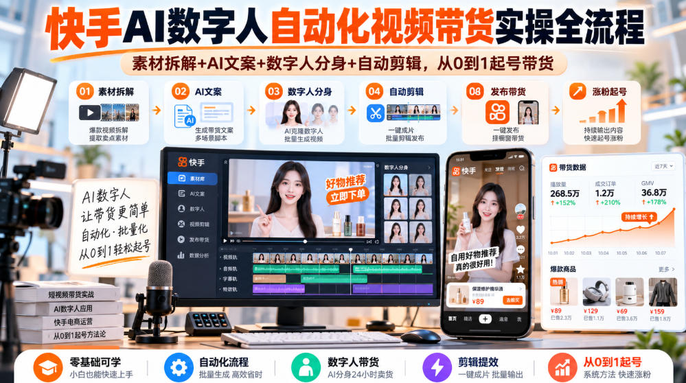 快手AI数字人自动化视频带货实操全流程|素材拆解+AI文案+数字人分身+自动剪辑,从0到1起号带货(更新26年)-巅峰研习社