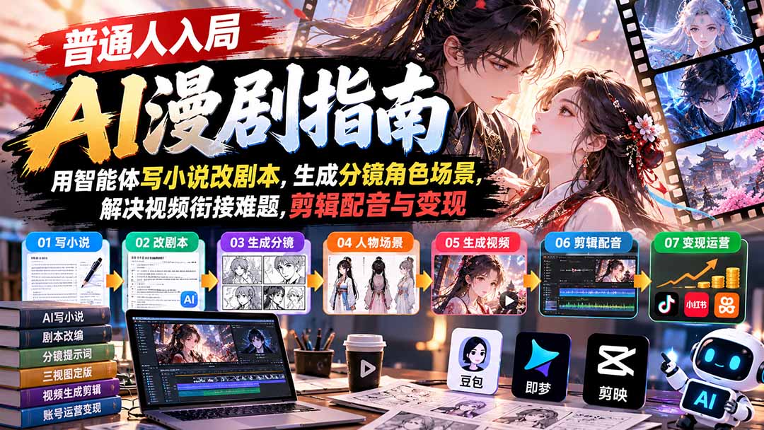 【无水印】普通人入局AI漫剧指南：用智能体写小说改剧本，生成分镜角色场景，解决视频衔接难题，剪辑配音与变现-巅峰研习社