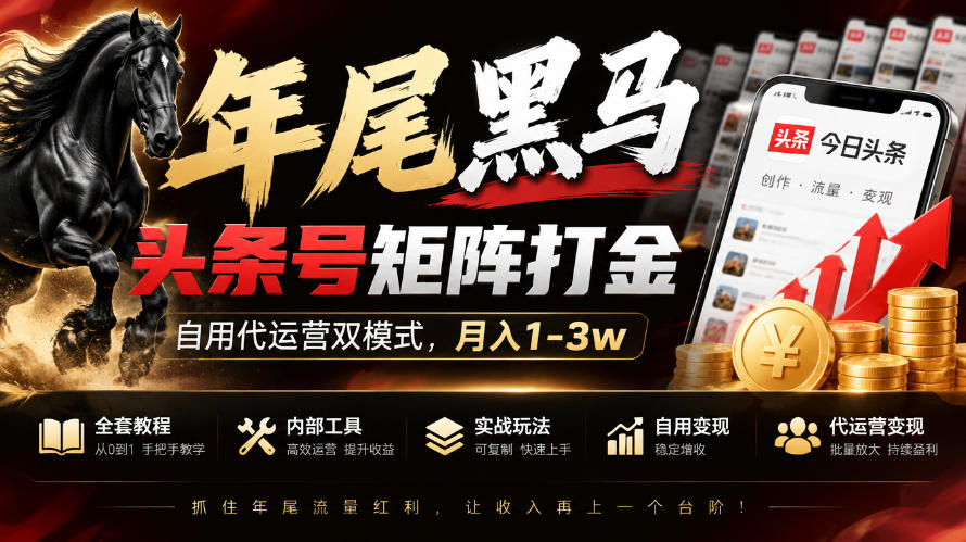 【年尾黑马】头条号矩阵打金，自用代运营双模式，月入1-3w，附全套教程及内部工具【揭秘】-巅峰研习社