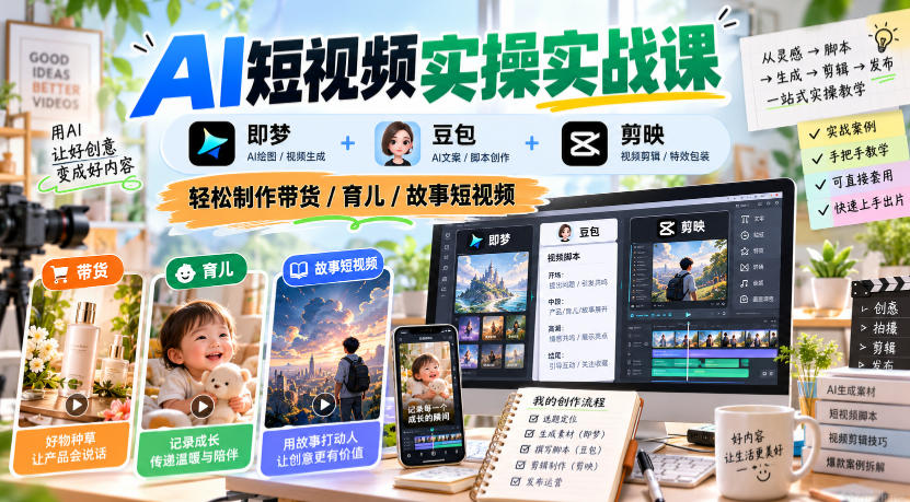 AI短视频实操实战课，即梦+豆包+剪映，轻松制作带货/育儿/故事短视频-巅峰研习社