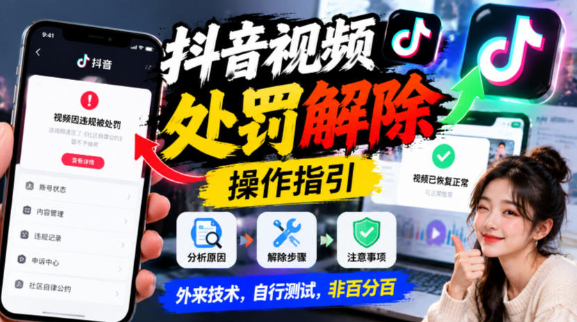 抖音视频处罚解除操作指引，外来技术，自行测试，非百分百-巅峰研习社
