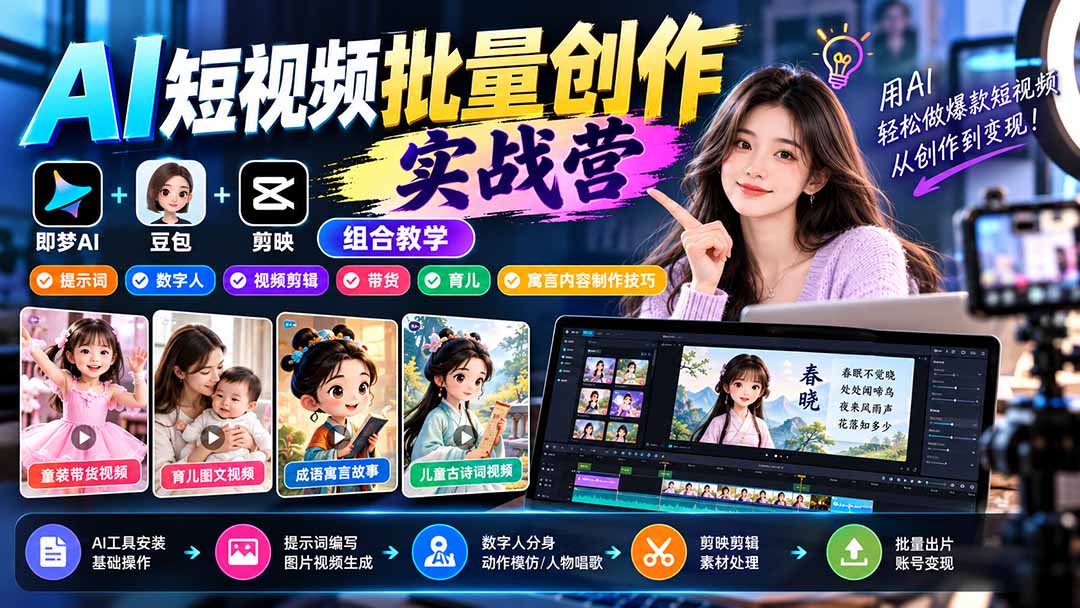【无水印】AI短视频批量创作实战营：即梦+豆包+剪映组合教学，提示词/数字人/视频剪辑/带货/育儿/寓言内容制作技巧-巅峰研习社