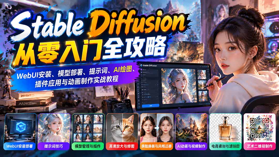 Stable Diffusion从零入门全攻略:WebUI安装、模型部署、提示词、AI绘图、插件应用与动画制作实战教程-巅峰研习社