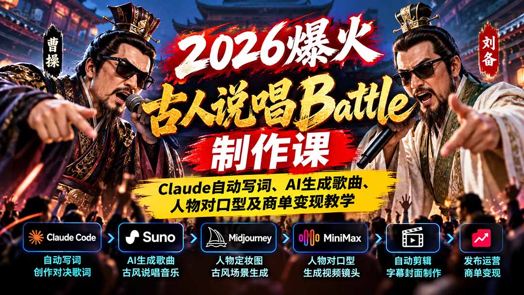 2026爆火古人说唱Battle制作课：Claude自动写词、AI生成歌曲、人物对口型及商单变现教学-巅峰研习社