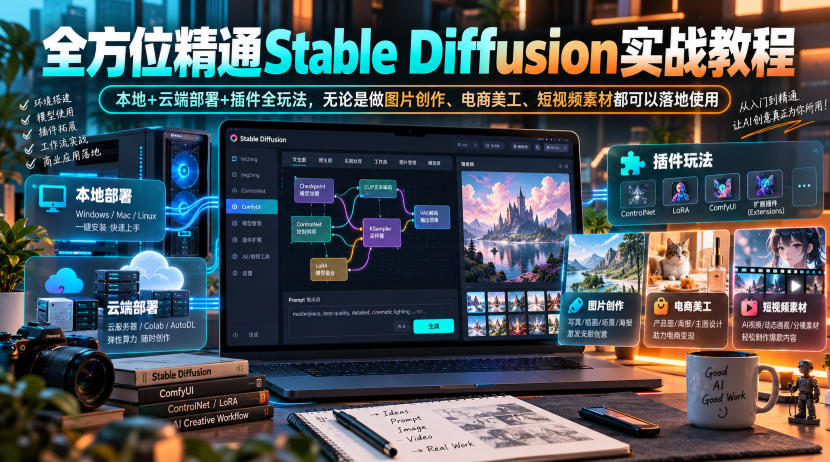 全方位精通Stable Diffusion实战教程|本地+云端部署+插件全玩法,无论是做图片创作、电商美工、短视频素材都可以落地使用-巅峰研习社