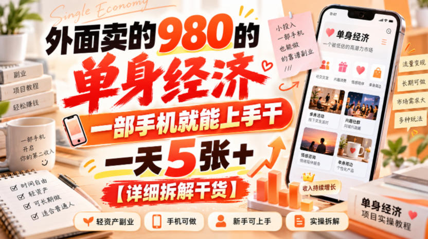 外面卖的980的单身经济，一部手机就能上手干，一天5张+【详细拆解干货】-巅峰研习社