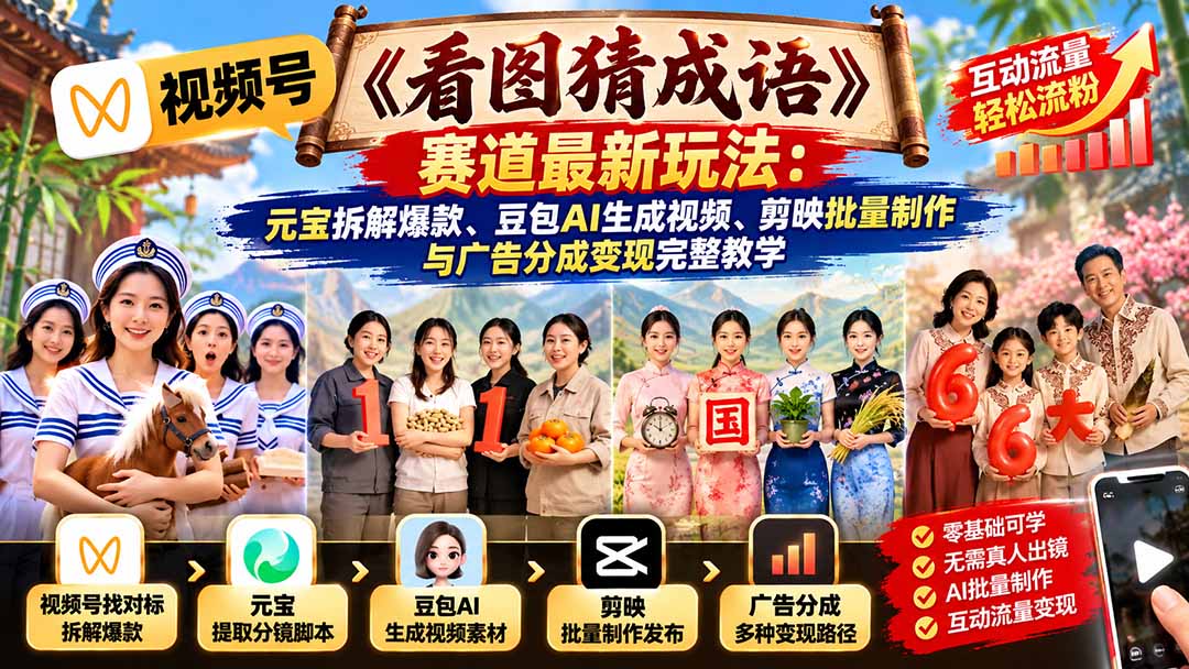 视频号《看图猜成语》赛道最新玩法：元宝拆解爆款、豆包AI生成视频、剪映批量制作与广告分成变现完整教学-巅峰研习社