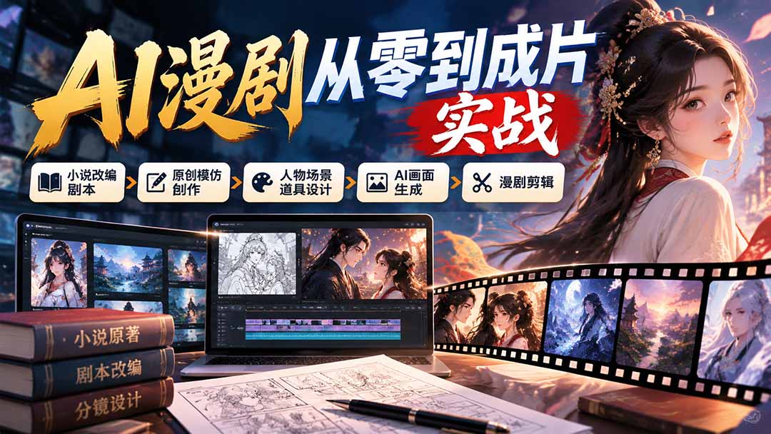 AI漫剧从零到成片实战：小说改编剧本、原创模仿创作、人物场景道具设计、AI画面生成与漫剧剪辑-巅峰研习社