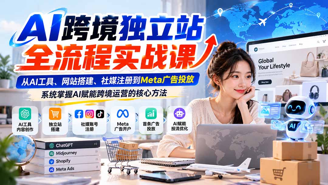 AI跨境独立站全流程实战课：从AI工具、网站搭建、社媒注册到Meta广告投放，系统掌握AI赋能跨境运营的核心方法-巅峰研习社