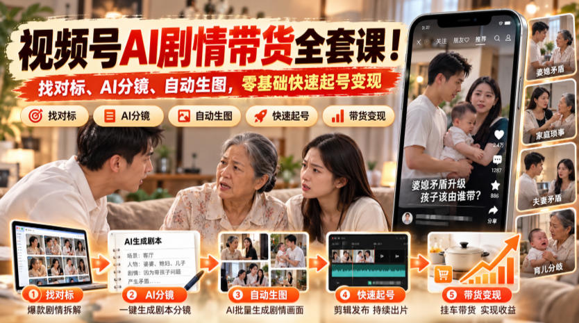 视频号AI剧情带货全套课!找对标、AI分镜、自动生图,零基础快速起号变现-巅峰研习社