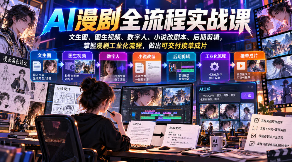 AI漫剧全流程实战课，文生图、图生视频、数字人、小说改剧本、后期剪辑，掌握漫剧工业化流程，做出可交付接单成片-巅峰研习社
