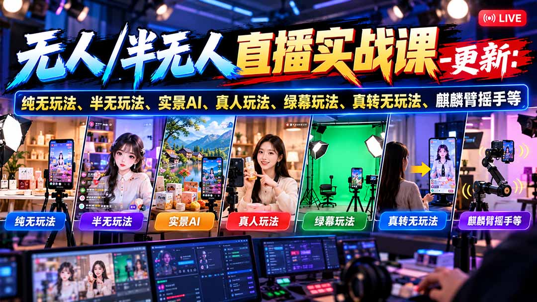 无人/半无人直播实战课-10月20更新：纯无玩法、半无玩法、实景AI、真人玩法、绿幕玩法、真转无玩法、麒麟臂摇手等-巅峰研习社